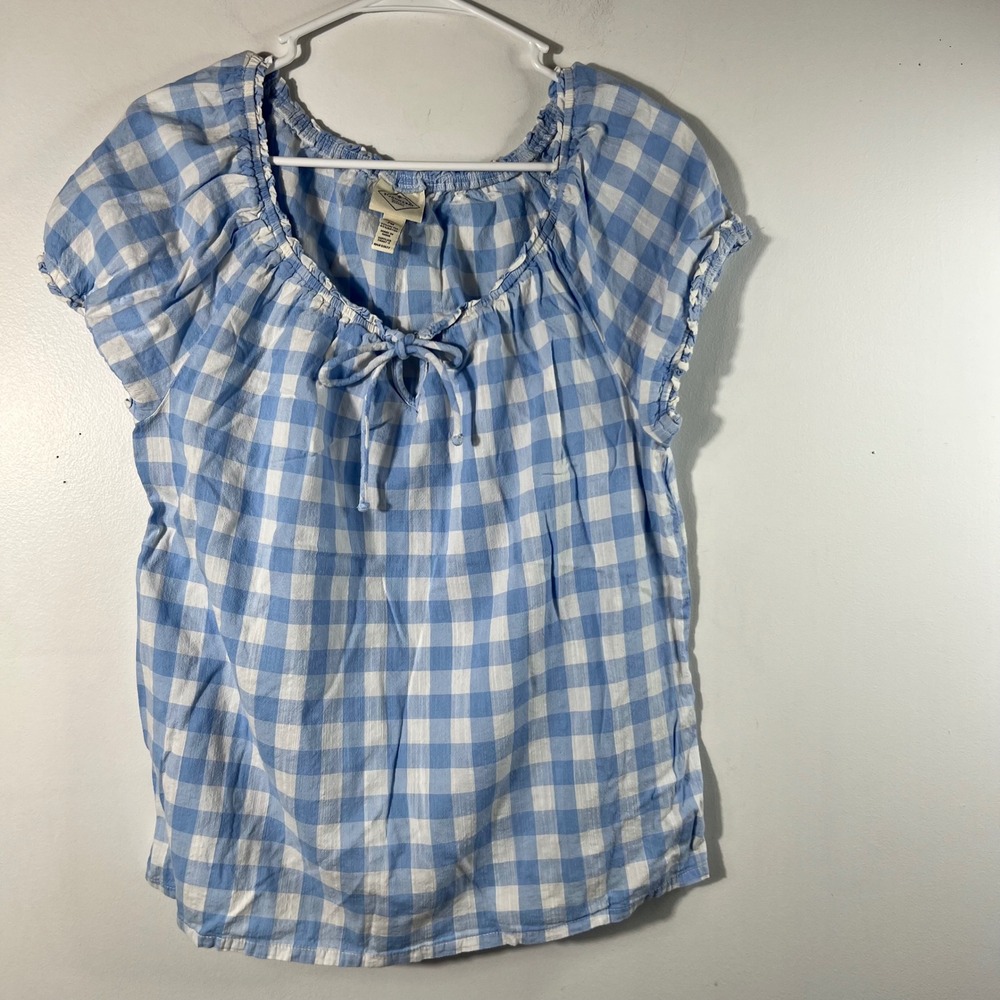 Womens St Johns Bay Gingham Boho Tunic Top Blue White Short‎ Sleeve PM